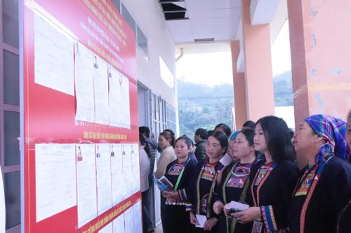 Cử tri cùng nhau xem bảng niêm yết danh sách ứng cử viên trước khi bỏ phiếu.