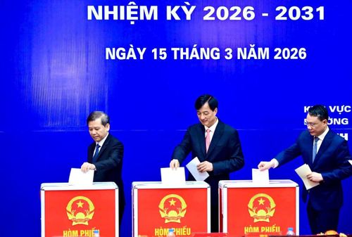 Ủy viên Bộ Chính trị, Trưởng ban Nội chính Trung ương Lê Minh Trí; Ủy viên Bộ Chính trị, Bí thư Thành ủy Hà Nội Nguyễn Duy Ngọc (giữa) thực hiện bỏ phiếu tại Khu vực bỏ phiếu số 2 thuộc Tổ bầu cử số 2, phường Ba Đình.