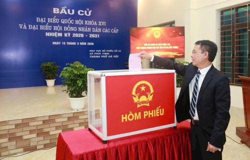 Phó Bí thư Thường trực Thành ủy Nguyễn Trọng Đông bỏ phiếu tại Khu vực bỏ phiếu số 4, thôn Khê Nữ, xã Phúc Thịnh.