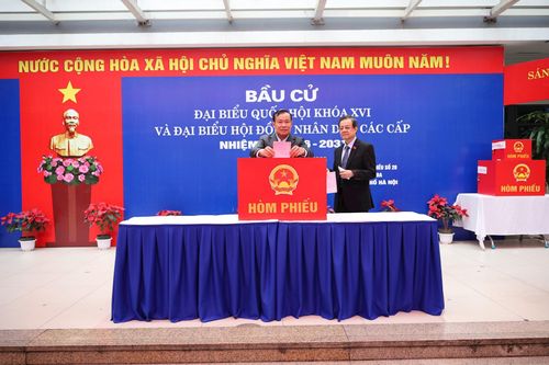 Cử tri Lê Tấn Tới và Lê Hồng Quang thực hiện bỏ phiếu. Ảnh: Hoa Thành