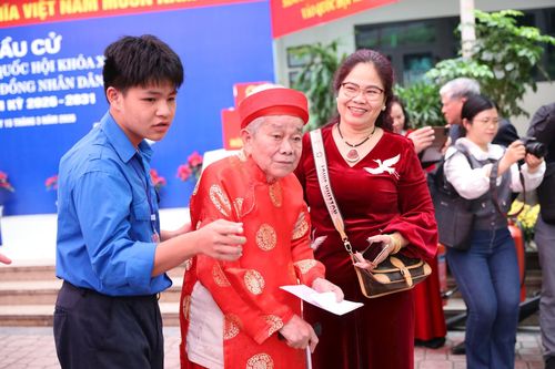 Hướng dẫn cụ cao niên vào khu vực thực hiện quy trình bỏ phiếu. Ảnh: Hoa Thành