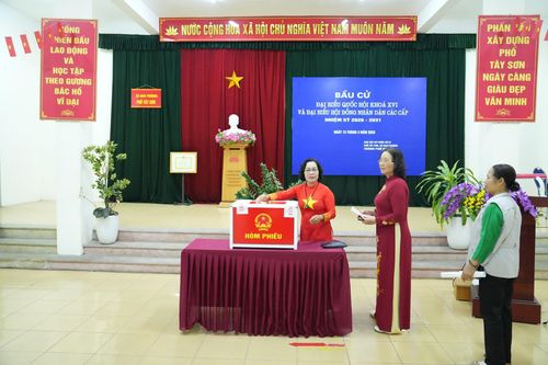 Cử tri bỏ phiếu tại khu vực bỏ phiếu số 7. Ảnh: Thiên Tú