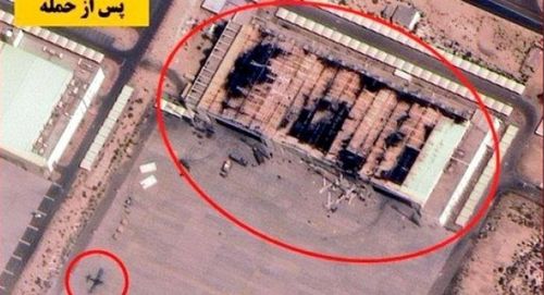 Các nhà kho bị phá hủy, nơi chứa máy bay cảnh báo sớm SAAB GlobalEye. Ảnh: Truyền thông nhà nước Iran.