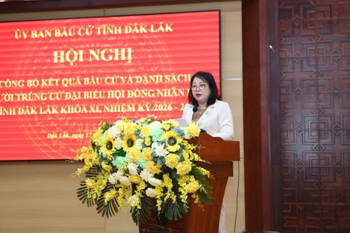 Bà Cao Thị Hòa An - Phó Bí thư Thường trực Tỉnh ủy, Chủ tịch HĐND tỉnh, Chủ tịch Ủy ban Bầu cử tỉnh Đắk Lắk, phát biểu tại hội nghị.