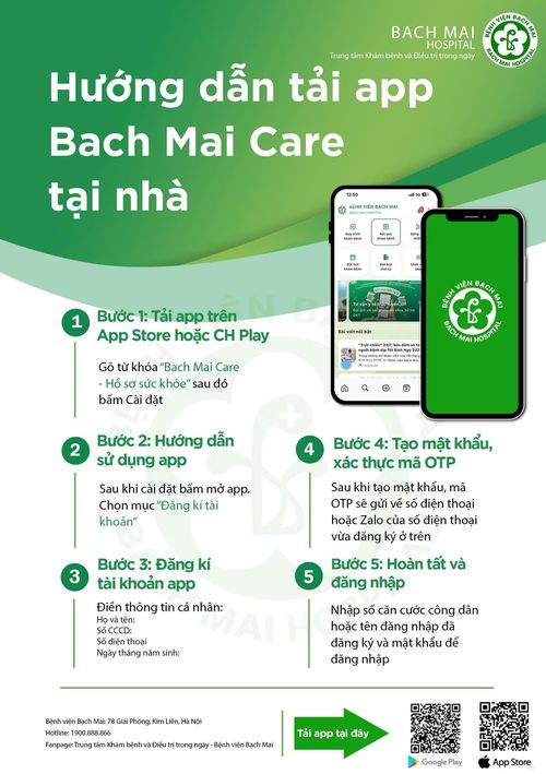 Ứng dụng Bach Mai Care cho phép người dân đăng ký tài khoản, liên kết thông tin cá nhân (có thể tích hợp với VNeID) và đặt lịch khám trong thời gian ngắn