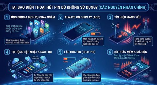 Các nguyên nhân khiến điện thoại tụt pin dù không sử dụng (Ảnh minh họa: AI)