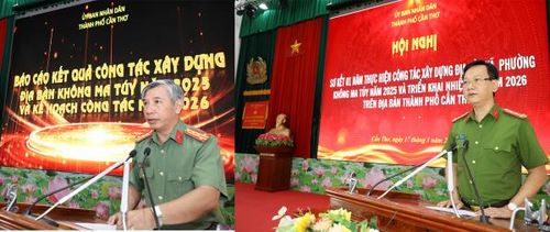 Đại tá Huỳnh Hoài Hận, Phó Giám đốc; Đại tá Bùi Đức An, Phó Giám đốc Công an TP Cần Thơ phát biểu tại hội nghị.