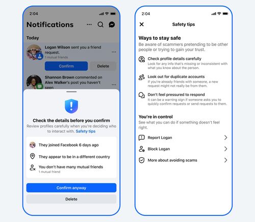 Cảnh báo trên Facebook khi người dùng nhận được lời mời kết bạn có dấu hiệu lừa đảo. (Ảnh: Meta)