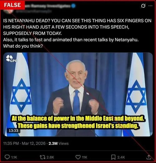  Một bài đăng, được xem hơn 2 triệu lần trên X, cho rằng ông Netanyahu xuất hiện trong video với 6 ngón tay. 