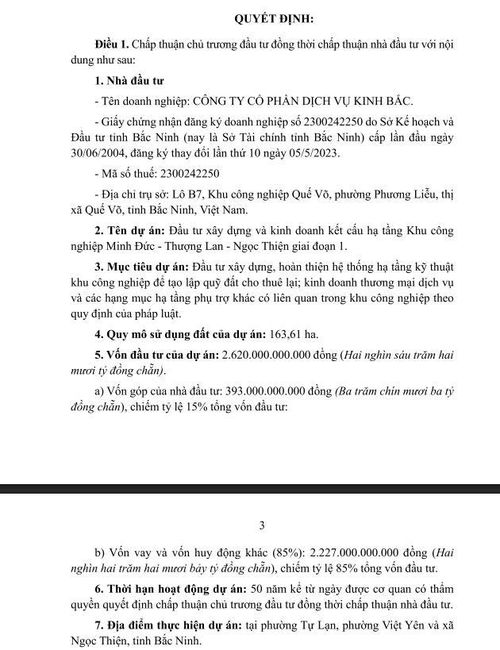 Ngày 9/10/2025, UBND tỉnh Bắc Ninh đã ban hành Quyết định số 317/QĐ-UBND, chấp thuận chủ trương đầu tư đồng thời chấp thuận nhà đầu tư đối với dự án.