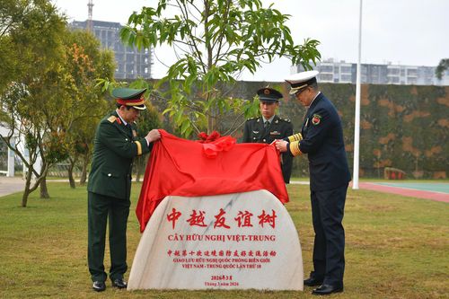 Bộ trưởng Quốc phòng hai nước trồng cây hữu nghị tại Đại đội Biên phòng Đông Hưng. Ảnh: Tuấn Huy