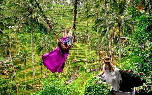 Điểm nhấn trải nghiệm chính tại ruộng bậc thang Tegallalang (gần Ubud, Bali, Indonesia) là Bali Swing - những chiếc xích đu treo trên độ cao hàng chục mét, với tầm nhìn kỳ thú bao quát toàn bộ thung lũng. Ảnh: Mladen Antonov/AFP
