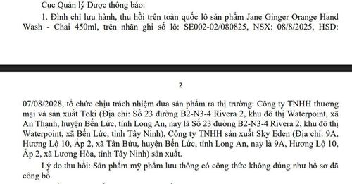 Sản phẩm bị thu hồi do có công thức không đúng như hồ sơ công bố.