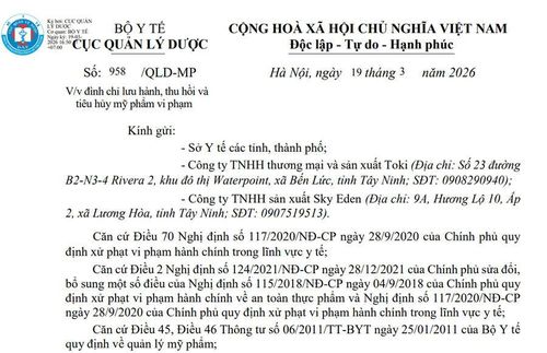 Văn bản của Cục Quản lý Dược yêu cầu đình chỉ lưu hành và thu hồi lô sản phẩm vi phạm.