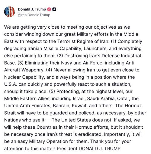  Ông Trump tuyên bố đã tiến tới rất gần mục tiêu tại Iran tại bài đăng trên mạng xã hội Truth Social. 