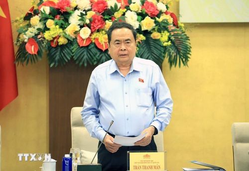 Chủ tịch Quốc hội, Chủ tịch Hội đồng bầu cử Quốc gia Trần Thanh Mẫn phát biểu tại Phiên họp thứ năm của Hội đồng Bầu cử quốc gia. (Ảnh: Tuấn Anh/TTXVN)