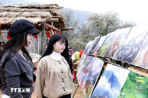 Du khách tham quan triển lãm ảnh xã Ngọc Chiến. (Ảnh: Quang Quyết/TTXVN)