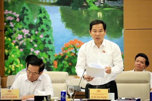 Tổng thư ký, Chủ nhiệm Văn phòng Quốc hội Lê Quang Mạnh đọc dự thảo báo cáo tổng kết bầu cử Quốc hội. Ảnh: Tuấn Anh/TTXVN