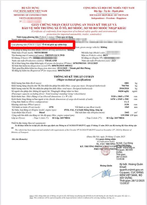 Giấy chứng nhận chất lượng an toàn kỹ thuật và bảo vệ môi trường của một mẫu xe được xác định là ô tô tải pickup cabin kép.