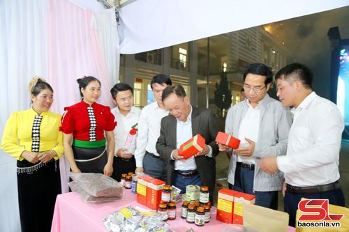 Các đại biểu tham quan gian hàng trưng bày các sản phẩm dược liệu từ đan sâm.