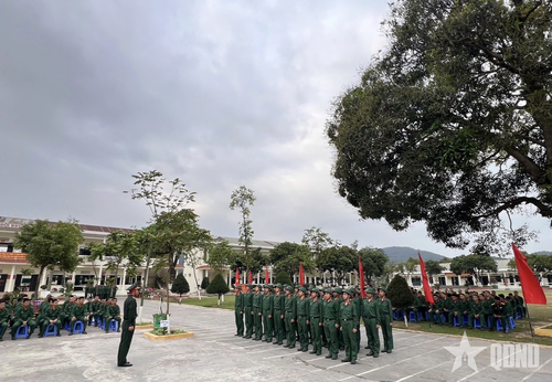 Cán bộ, chiến sĩ Sư đoàn 395 thực hành huấn luyện điều lệnh đội ngũ.