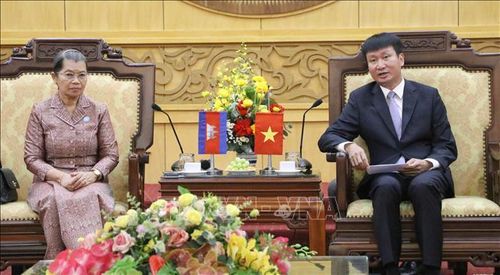 Ông Trần Huy Tuấn, Bí thư Tỉnh ủy Ninh Bình tiếp Phó Chủ tịch Đảng Nhân dân Campuchia, bà Men Sam An. Ảnh: Thùy Dung/TTXVN