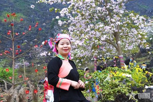 Thiếu nữ vùng cao trong trang phục truyền thống duyên dáng bên mùa hoa, làm nổi bật vẻ đẹp con người giữa miền đá.