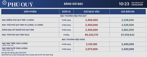 Giá bạc Phú Quý niêm yết tại thời điểm 10 giờ 23 phút sáng 23/3. (Ảnh: giabac.vn)