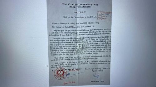 Thư cảm ơn của anh Dương Văn Thắng gửi đến Bộ Chỉ huy Quân sự tỉnh Đắk Lắk.