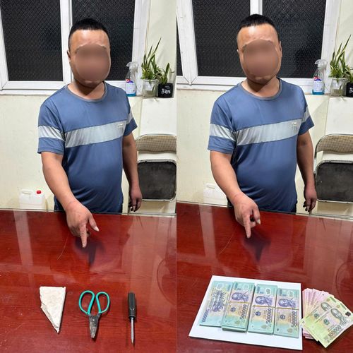 Đối tượng Nguyễn Trọng Đoàn cùng tang vật vụ án tại cơ quan Công an.