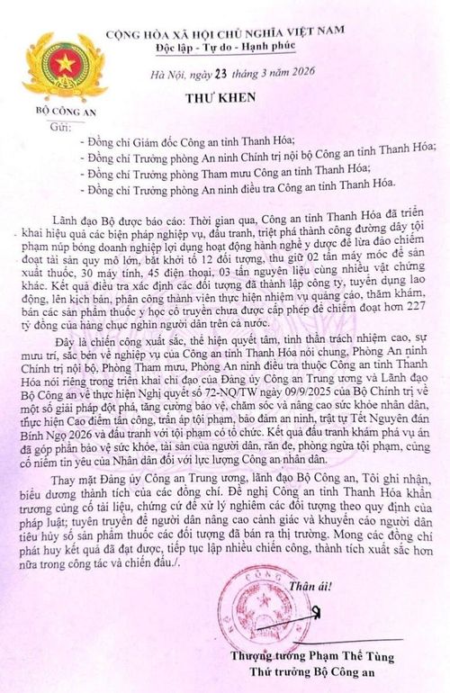 Thư khen của Thứ trưởng Bộ Công an gửi Công an tỉnh Thanh Hóa.