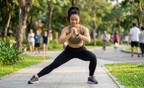 Bài tập squat bước ngang giúp giảm mỡ vùng hông.