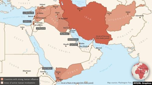  Phạm vi ảnh hưởng của Iran tại eo biển Hormuz. Ảnh: RFE. 