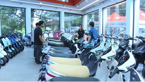 Nhân viên cửa hàng xe máy điện Yadea Thanh Hoa tư vấn các dòng xe cho khách hàng.