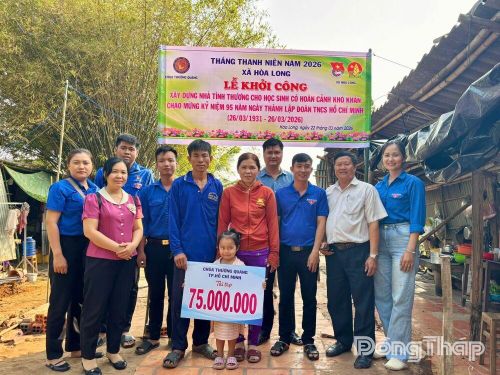 Trong Tháng thanh niên năm 2026, Xã đoàn Hòa Long phối hợp với các đơn vị liên quan xây dựng nhà tình thương cho học sinh có hoàn cảnh khó khăn.