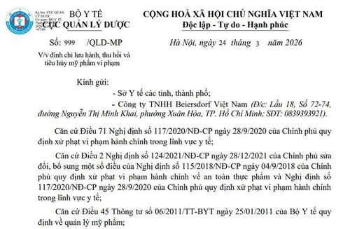 Cục Quản lý Dược yêu cầu đình chỉ lưu hành, thu hồi và tiêu hủy toàn quốc sản phẩm vi phạm.