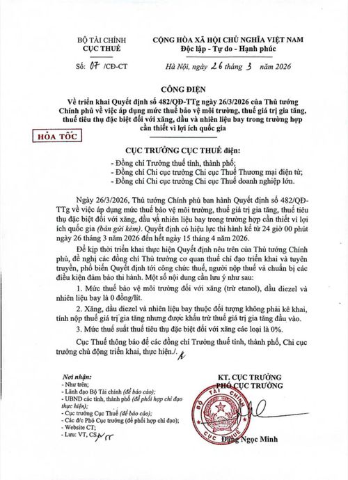 Công điện số 07/CĐ-CT của Bộ Tài Chính