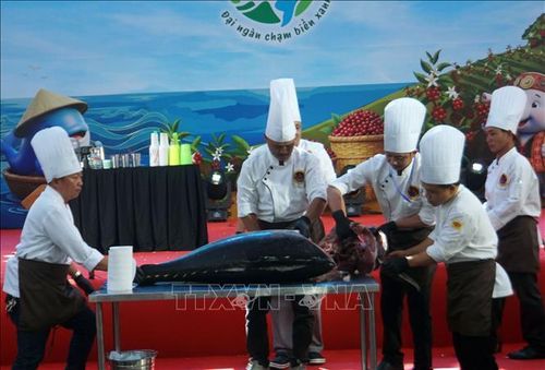 Các đầu bếp, nghệ nhân biểu diễn xẻ thịt cá ngừ đại dương tại Chương trình Tinh hoa ẩm thực tỉnh Gia Lai.