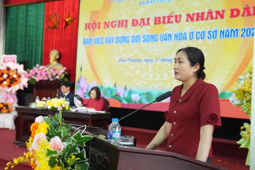 Bà Tạ Thị Thanh Kim Huệ, Bí thư Chi bộ thôn Tháp Thượng phát biểu tại hội nghị. Ảnh: Thiên Tú