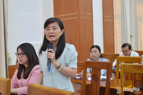 Phó Chủ tịch Thường trực Liên đoàn Lao động tỉnh Đồng Nai Bùi Thị Bích Thủy phát biểu thảo luận tại hội nghị. Ảnh: Phương Hằng
