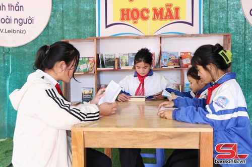Học sinh Trường THCS Nậm Lầu đọc sách về biển, đảo trong thư viện trường
