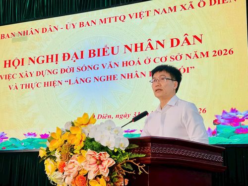 Phó Bí thư Thường trực Đảng ủy xã Ô Diên Phạm Hồng Hoàn phát biểu kết luận. Ảnh: Hương Ly