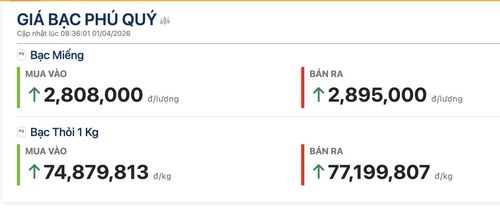 Giá bạc Phú Quý niêm yết lúc 8 giờ 36 phút ngày 1/4. Ảnh chụp màn hình