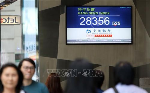 (Tư liệu) Bảng chỉ số chứng khoán tại Hong Kong (Trung Quốc). Ảnh: THX/TTXVN