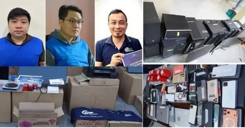 Các đối tượng Nguyễn Băng Thảo, Nguyễn Duy Thịnh, Hà Tuấn Dũng (từ trái qua phải) và tang vật liên quan đến vụ án. (Ảnh: CA)