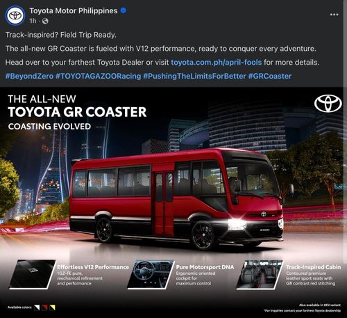 Bài đăng về mẫu xe buýt dành cho đường đua của Toyota Philippines. Ảnh chụp màn hình.