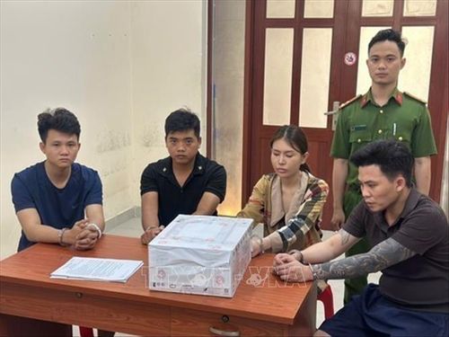 Các đối tượng bị tạm giữ (từ trái qua) Huỳnh Thanh Dưỡng, Nguyễn Thanh Nhi, Huỳnh Đức Thiện, Dương Phát Lộc. Ảnh: TTXVN phát