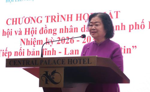 Bà Trương Mỹ Hoa, nguyên Bí thư Trung ương Đảng, nguyên Phó Chủ tịch nước, nguyên Chủ tịch Hội LHPN Việt Nam, phát biểu tại buổi họp mặt