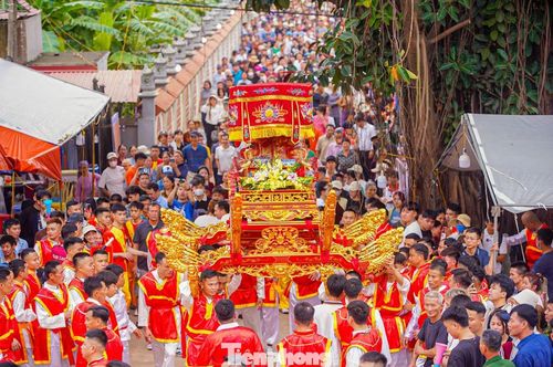 Kiệu Thánh được hàng chục thanh niên trai tráng rước từ đình đến các đền, các địa điểm gắn với thần tích.