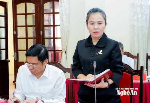 Phó Bí thư Tỉnh ủy, Chủ tịch Ủy ban MTTQ tỉnh, Trưởng đoàn ĐBQH tỉnh khóa XV Võ Thị Minh Sinh phát biểu tại phiên họp. Ảnh: Phạm Bằng